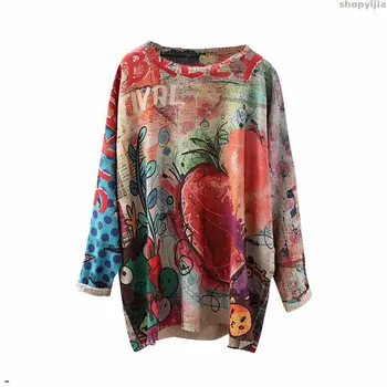 

New Product O-Neck Print Pattern Blend Ladies Summer Autumn Sweater Lady Retro Loose Pullover Knit Street Wear Casual Sweater