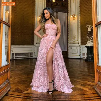 

Sexy African Pink Evening Dresses Long Lace Side Slit A Line Evening Gown Cheap Arabic Formal Women Birthday Party Gala Dress
