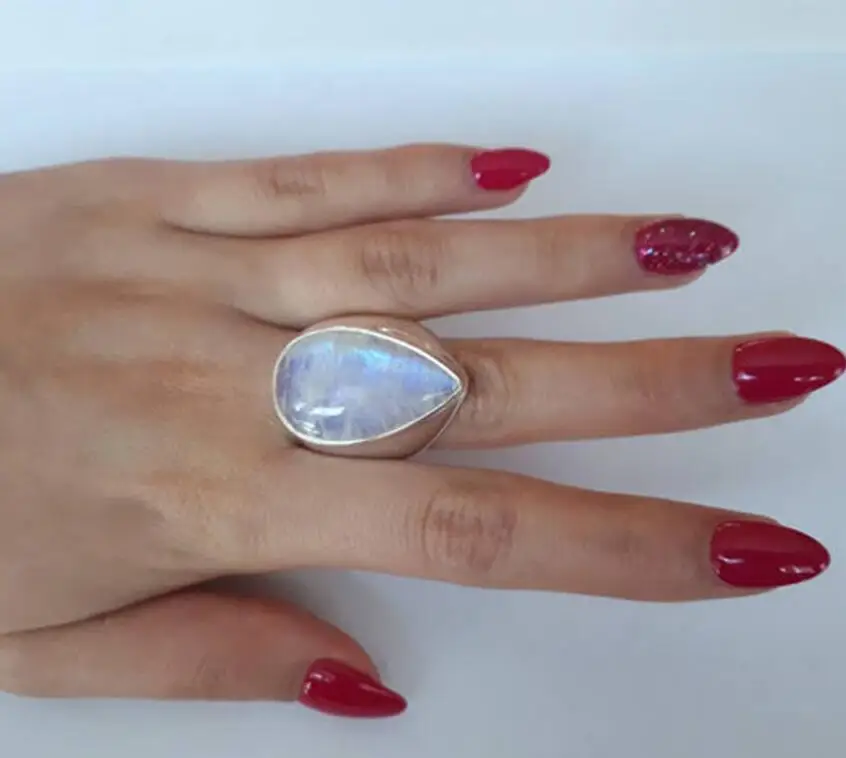 Богемное винтажное массивное серебряное кольцо из лунного камня для женщин дизайн панк Капля воды вечерние ювелирные изделия в стиле "Бохо"