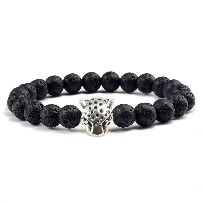 sliver big leopard Мода Сова Лев браслет с головой леопарда натуральный камень Лава бусины браслеты для женщин мужчин Йога ювелирные браслеты и кулоны Homme подарок - Окраска металла: sliver big leopard