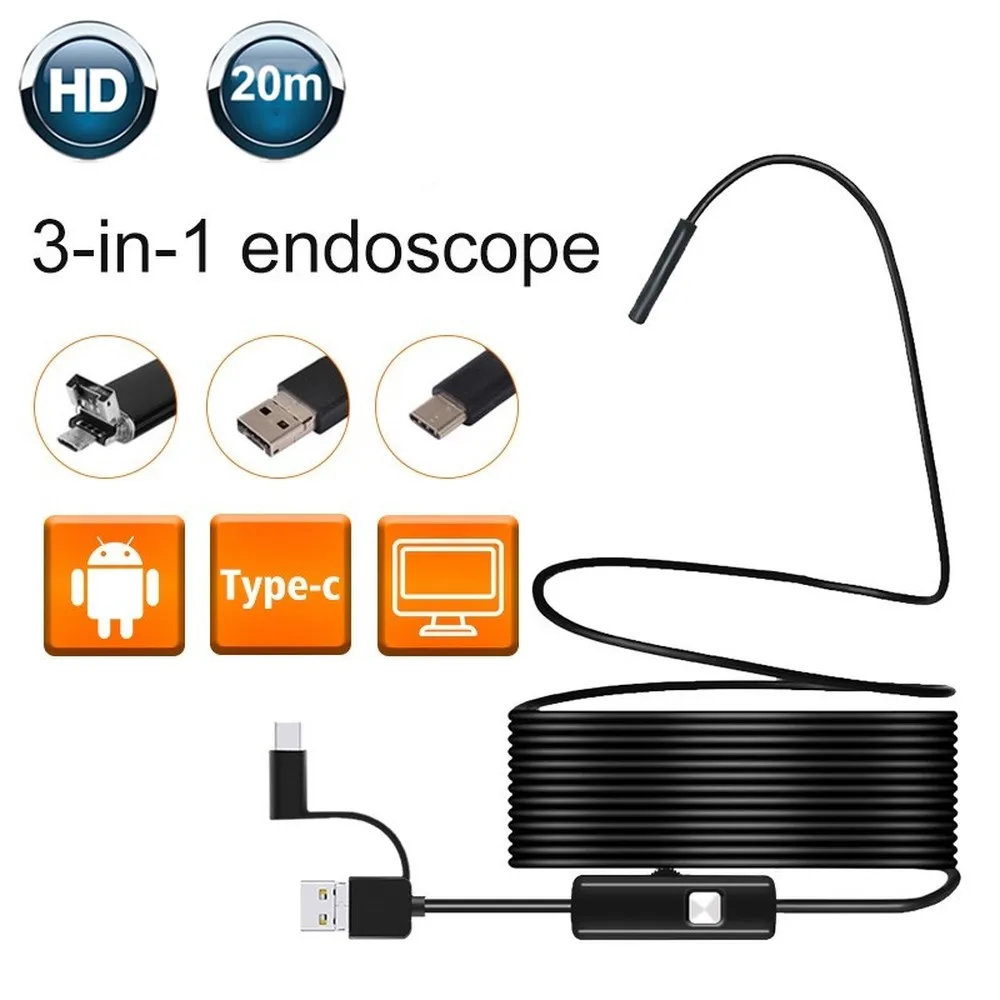 

3-in-1 20M IP67 Waterproof Endoscope Inspection Borescope Camera HD 5.5mm Built-in 6 Adjustable LED Lights