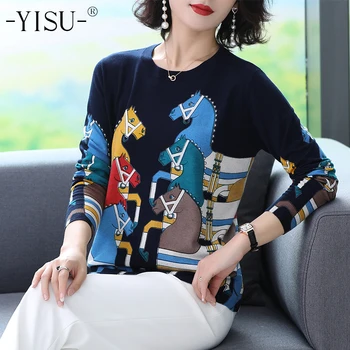 

YISU Knitted sweater Women Autumn Winter Long sleeve O neck pullover Cartoon horse Printed pattern thin Jumper sweater Women