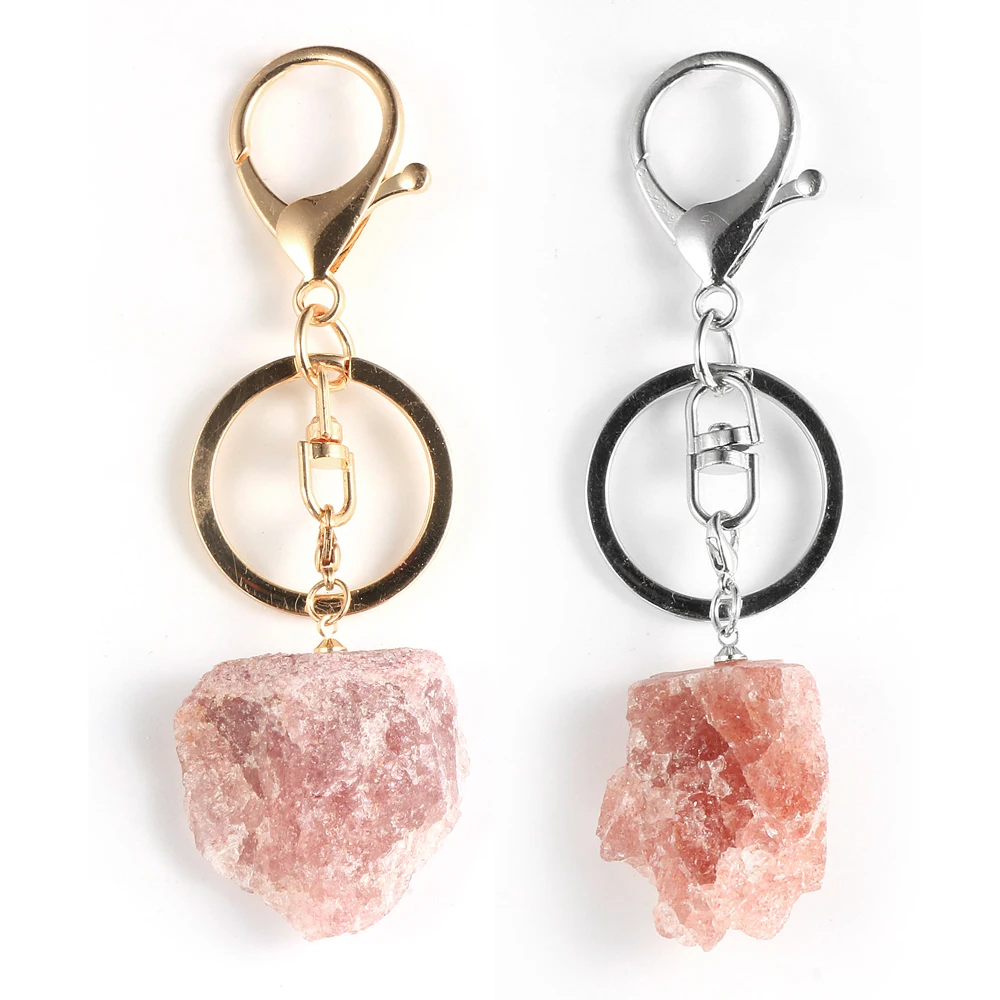 

Women Girl Irregular Natural Cute Strawberry Crystal Keyring Gem Stone Pink Quartz Keychain Alloy Lobster Clasp Key Ring Jewelry