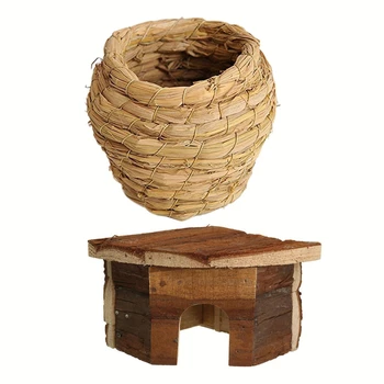 

2 Pcs House: 1 Pcs Wooden House Villa Cage Exercise Toys & 1 Pcs Bird'S Nest Small Animals Hamster Hand Woven Straw House