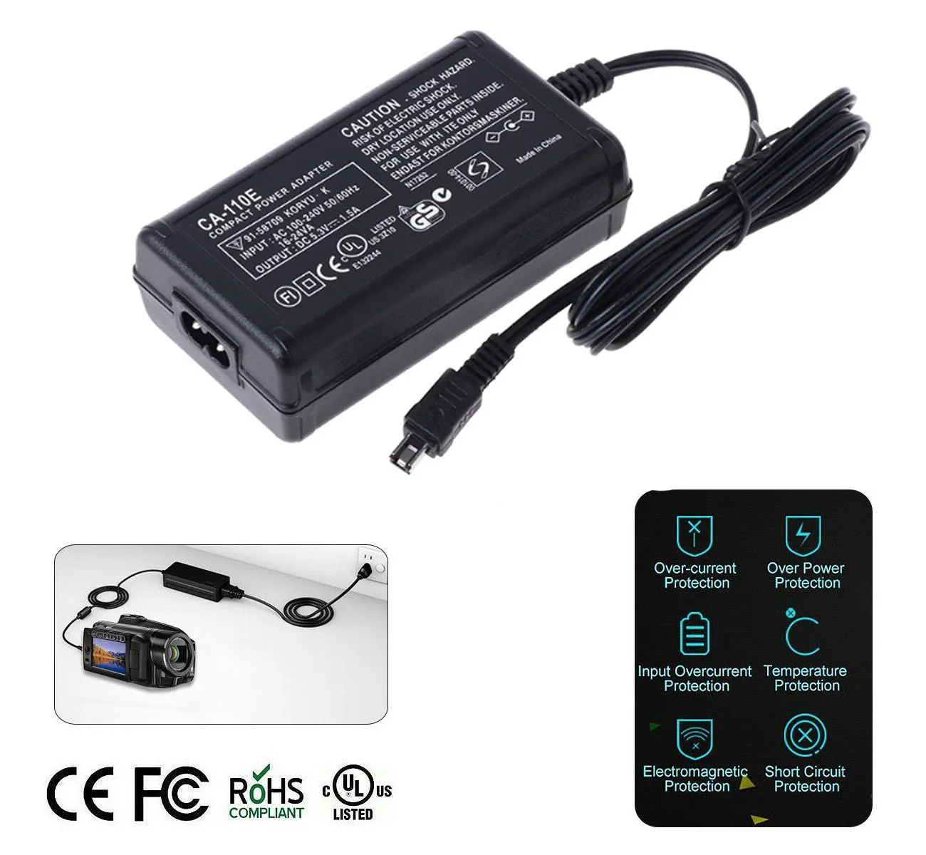 Compact Power Adapter for Canon LEGRIA HF R205 R206 R306 R406 R506