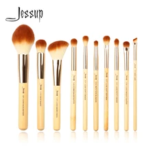 Jessup escovas 10 pçs bambu pincéis de maquiagem profissional conjunto beleza compõem kit de ferramentas fundação em pó definer shader forro