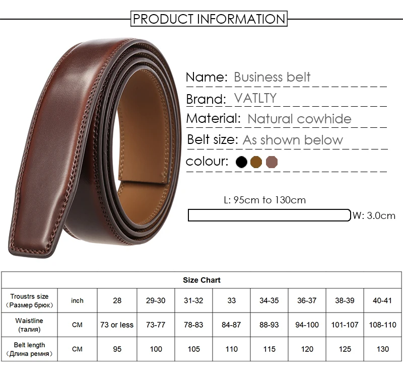 VATLTY neuer 3,0 cm Herren Echt ledergürtel ohne Schnalle natürliches Rindsleder nicht poröse Gürtel hose brauner Gürtel gürtel männlich – Detail 3
