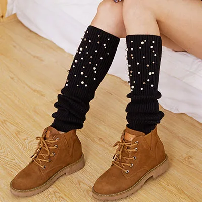 Осень-зима, модные теплые носки с жемчугом, носки выше колена, вязаные шерстяные сапоги, женские носки WSK07504 - Color: Black