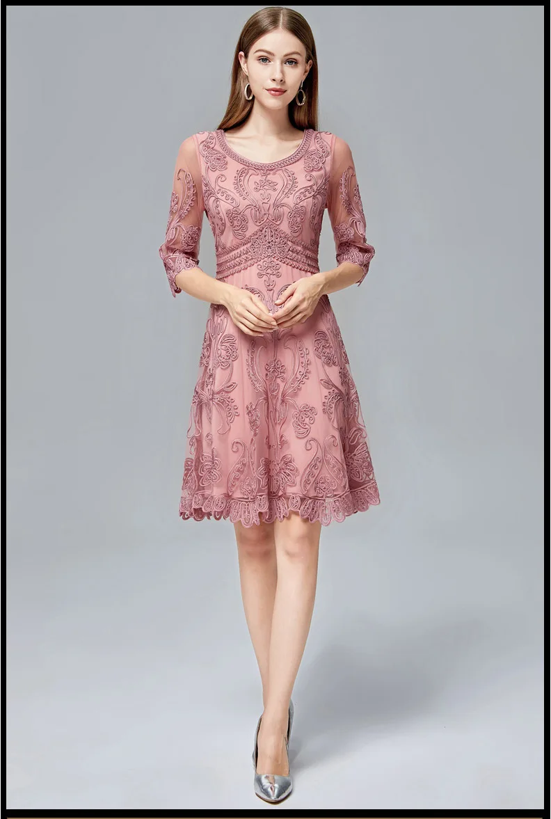 Slim Fit& Flare Dress Autumn Style Women O-Neck Allover Appliques Embroidery Red Wine Red Pink Black Dress Vestidos Festa