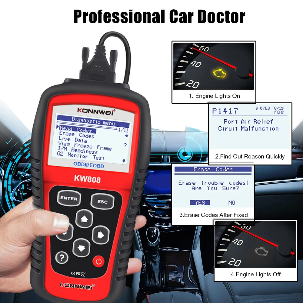 

KONNWEI KW808 Professional OBDII / EOBD Cars Code Reader&Auto Scanner Automotive Detection Decoder Diagnostic Scan tool