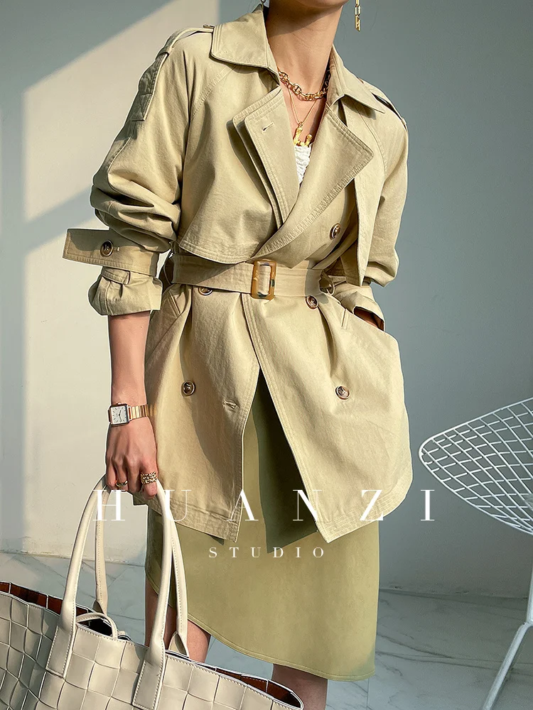 High-definition classic big-name texture short trench coat with waist and  thin coat women