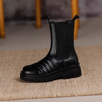 

Winter Newest Mid-Calf Boots Elastic Band Genuine Leather Round Toe Platform Chunky Heels Pumps Basic Shoes Woman