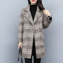 Женское зимнее пальто Брендовое шерстяное пальто женское негабаритное 4XL осеннее теплое толстое повседневное Новое корейское стильное клетчатое длинное трикотажное пальто
