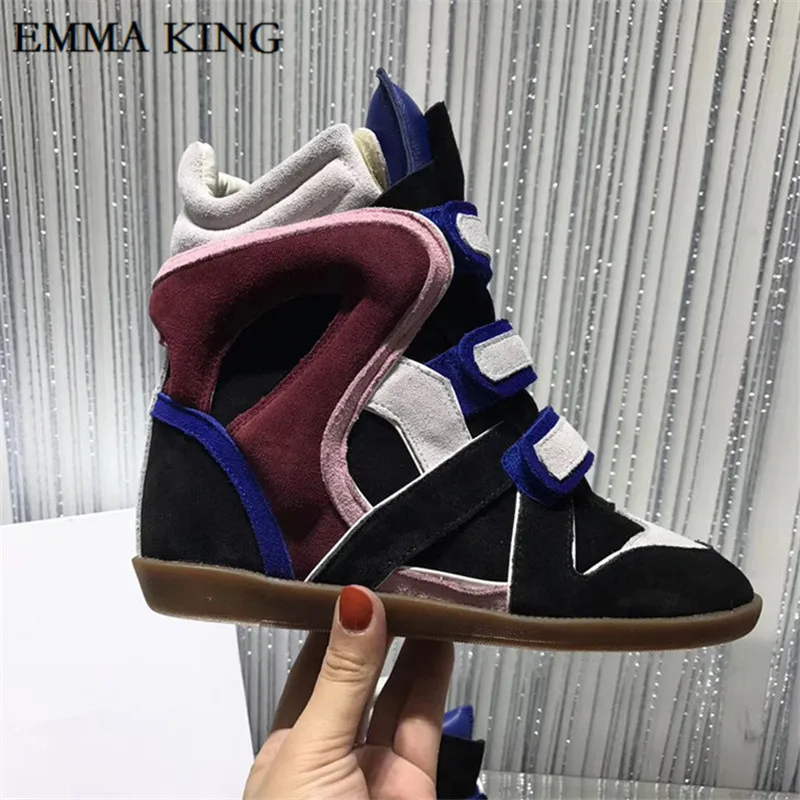 Autumn and winter Newest Fashion Designer Women Hook Loop Sneakers 8cm Invisible Inside Heighten Women Leather Ankle Boots - Цвет: Blue tongue