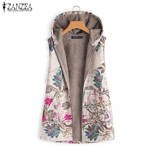 price cut  2019 ZANZEA Vintage Floral Printed Jackets Women Zipper Hooded Cotton Faux Fluffy Coats Autumn Wint