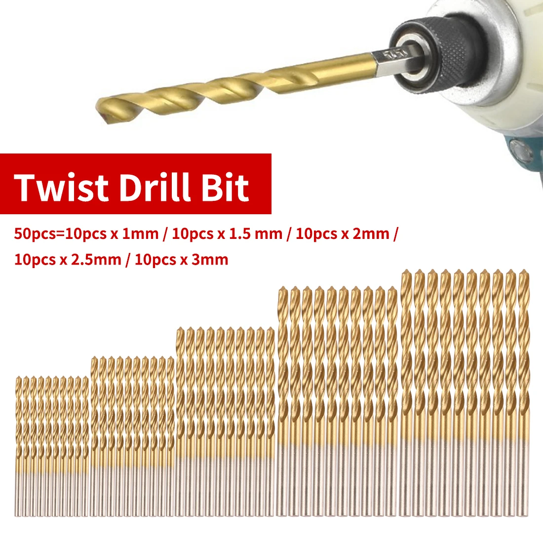 Деревообрабатывающие инструменты, 50 шт в наборе, 1/1. 5/2/2,5/3 мм Титан покрытием HSS Сверло Набор инструментов спиральное сверло для Пластик металла, дерева