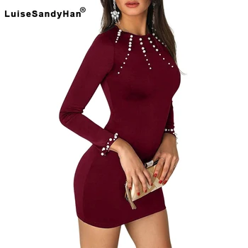 

Round neck sexy dress female 2020 spring women casual commute long sleeve diamond self-cultivation package hip elastic dresses