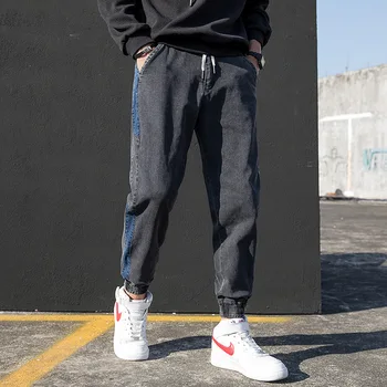 

#2080 Men's Jeans Fashion Casual Side Spliced Biker Jeans Black Plus Size Streetwear Hip Hop Jeans For Man Loose Spring Autumn