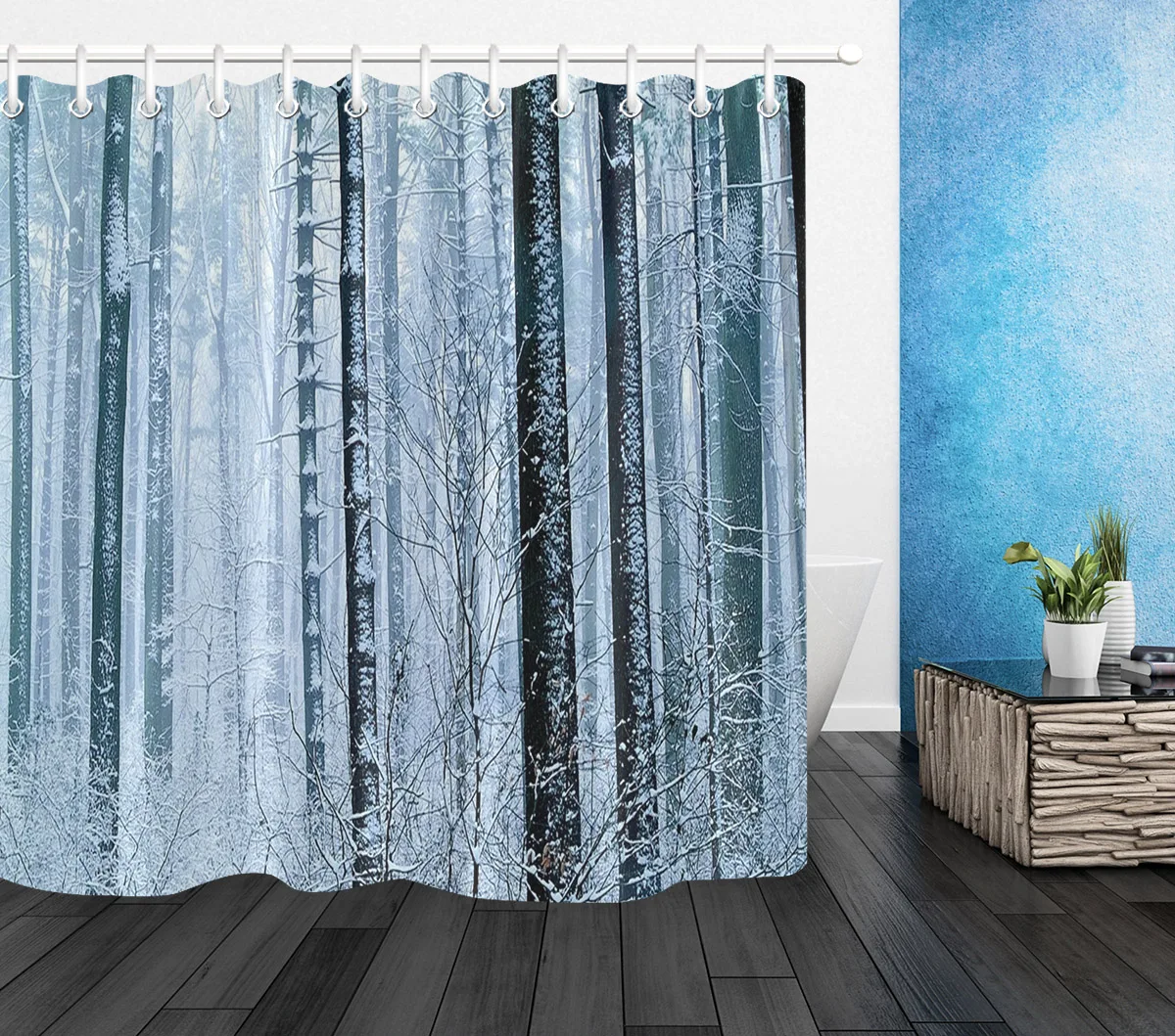 Woodland Shower Curtain Polyester Fabric Winter Forest Snow Scene Nature View Scene Pattern Waterproof Bathroom Carpet Rugs