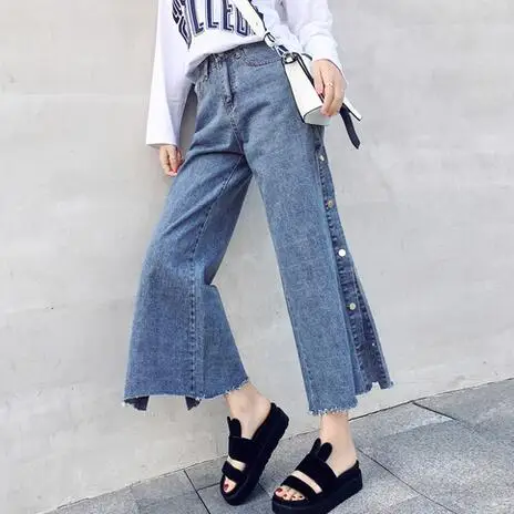 Джинсы с высокой талией женские 2019 осенние винтажные рваные боковые широкие