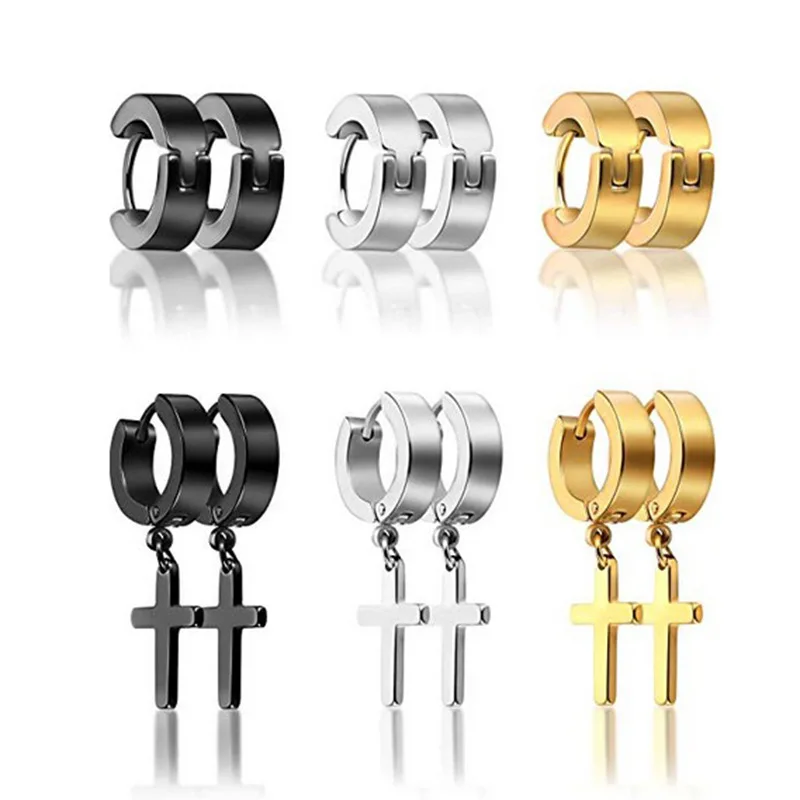 6 Pairs 12PCS wholesale Titanium Steel Cross Stud Earrings Set for Men Women Fashion Jewelry Black Gold Silver Color