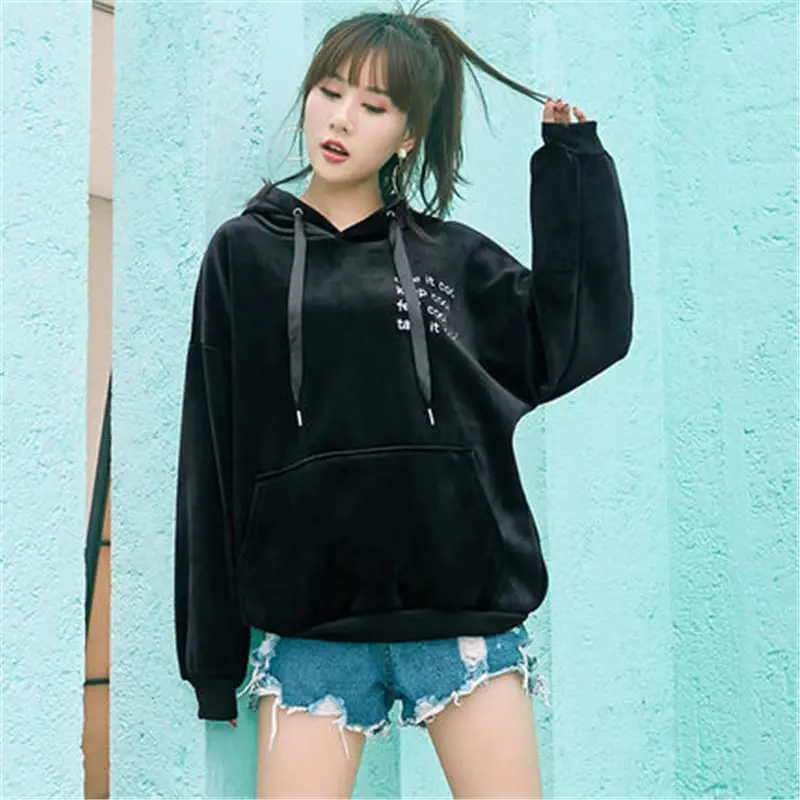 575 black Новые толстовки женские свободные с капюшоном шикарные карманы досуг корейский вельветовый Свитшот фонарь рукав толстовка женские топы V906 - Цвет: 575 black