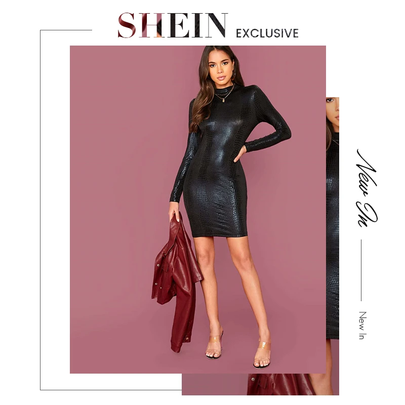 SHEIN черное облегающее платье с крокодиловым тиснением, женские осенние однотонные облегающие короткие платья с длинным рукавом