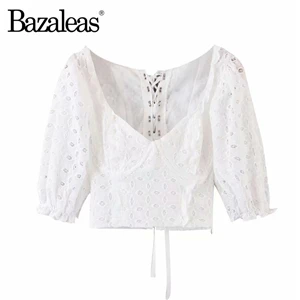 L145 white 9092 Bazaleas Ретро открытая женская футболка винтажная белая хлопковая короткий модный топ с открытой спиной бандажная укороченная Футболка женская футболка - Цвет: L145 white 9092