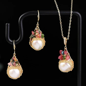 

Natural Stone Baroque Freshwater Pearls Jewelry Set For Women Exquisite Chain Necklace+Earrings Party Wedding Trendy Accessories