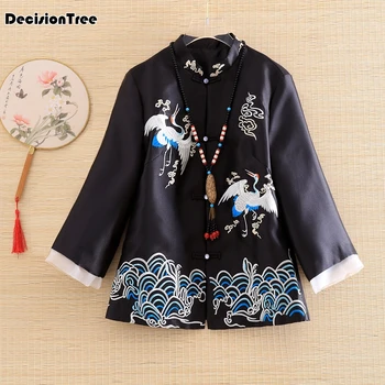 

2020 women top chinese style retro embroidery crane propitious cloud elegant loose lady coat female shirt tops