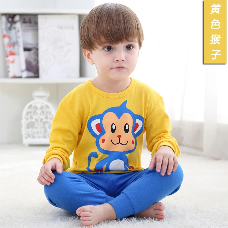 Yellow Monkey Детские пижамы коллекция года, осенне-зимние хлопковые детские пижамы с круглым вырезом и рисунком, сохраняющие тепло, с длинными рукавами+ штаны, комплект из 2 предметов - Цвет: Yellow Monkey