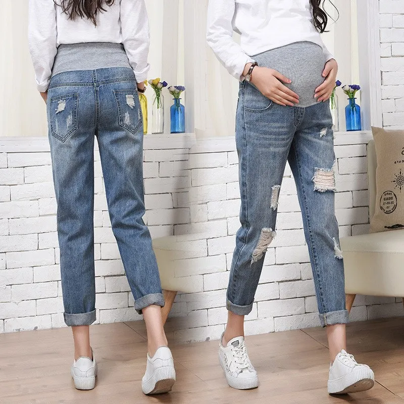 

Pregnant Women Spring Summer Outer Wear Thin Fashion Mom with Holes Loose-Fit Capri Pants Pregnant Women Base Pants Abdominal Su