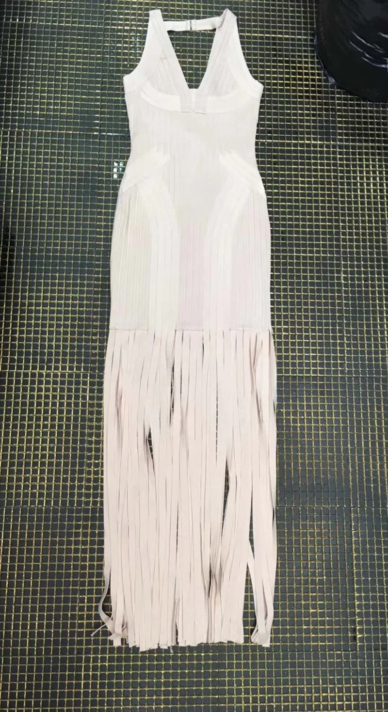 Elegant Beige Tassel Maxi Bandage Dress Long Newest Sleeveless V Neck Sexy Evening Celebrity Party Dresses Vestidos Festa