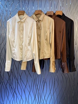 

2020 Spring and Summer New Women's Lapel Lace-up Knotted Decorative Neckline Solid Color Long Sleeve All-match Shirt 621
