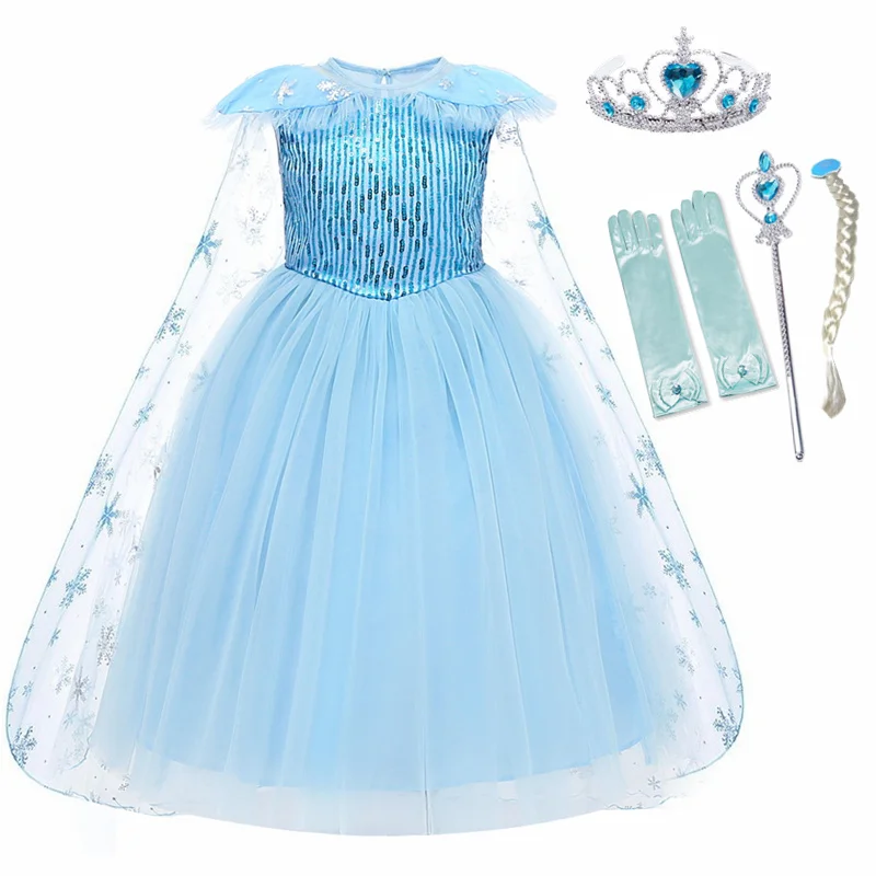 

Girls Elsa Anna Dress Snowflake Sequins Swing Snow Queen Party Princess Vestidos Children Girl Halloween Fancy Cosplay Costume