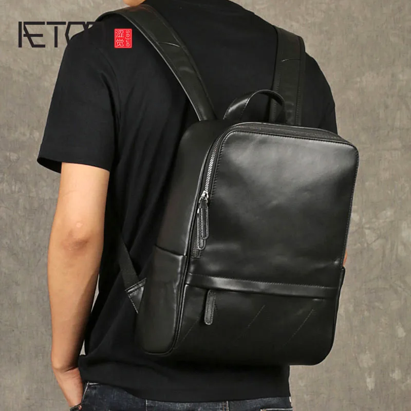 

BJYL New leather backpack men travel business first layer leather bag Korean fashion trend simple backpack