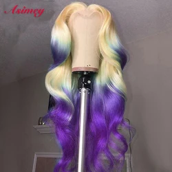 Asimey T613 Body Wave Wig Yellow Pink Red Green Purple Blue Human Hair Wavy Wigs Highlight Ombre Lace Front Preplucked For Women