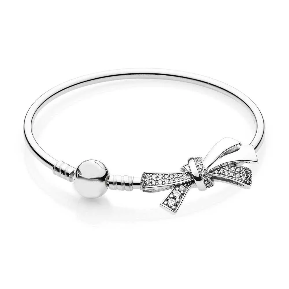 925 пробы серебряный браслет Блестящий бант жесткий браслет подарочный набор подходит для европейских шармов Diy ювелирные изделия