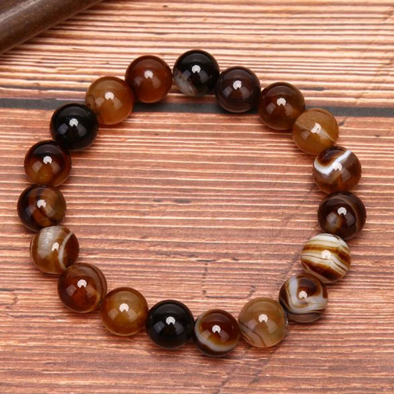 Natural Round Gem Stone Agates Onyx Bracelets Bangle  Brown Stripe Ethnic Rosary Energy Beads Prayer Wristband