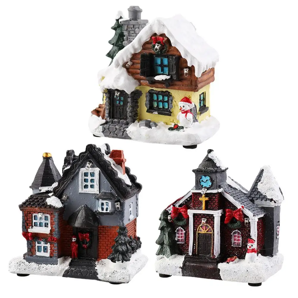New 2021 Miniature Figurines Cute Dreamy Snow Scene Cottage House With Light Christmas Desk Ornament Accessories Craetive Toy | Дом и сад