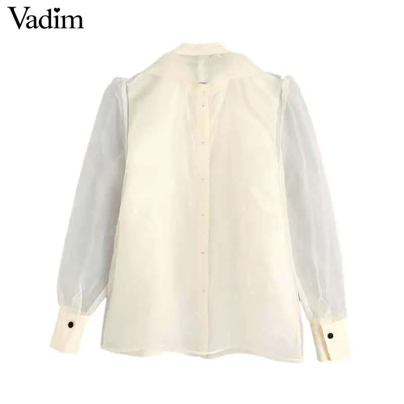 Vadim women elegant organze beige blouse transparent style bow tie collar lantern sleeve female see through tops blusas LB542