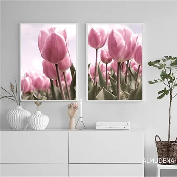 

Nordic Art Poster Pink Tulip Canvas Painting Flower Posters and Prints Minimalist Wall Pictures for Living Room Home Decoration