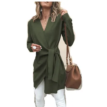 

2019 autumn and winter new women's clothing solid color wool V-neck belt long casual jacket windbreaker