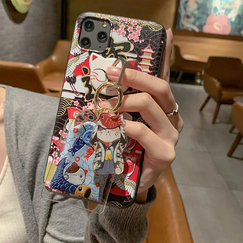 Милый 3D чехол для телефона с тисненым рисунком счастливого кота для iPhone X XS XR 11 Pro Max, Набор держателей колец для женщин, мягкий чехол для 6, 7, 8 Plus, счастливый чехол - Цвет: 12