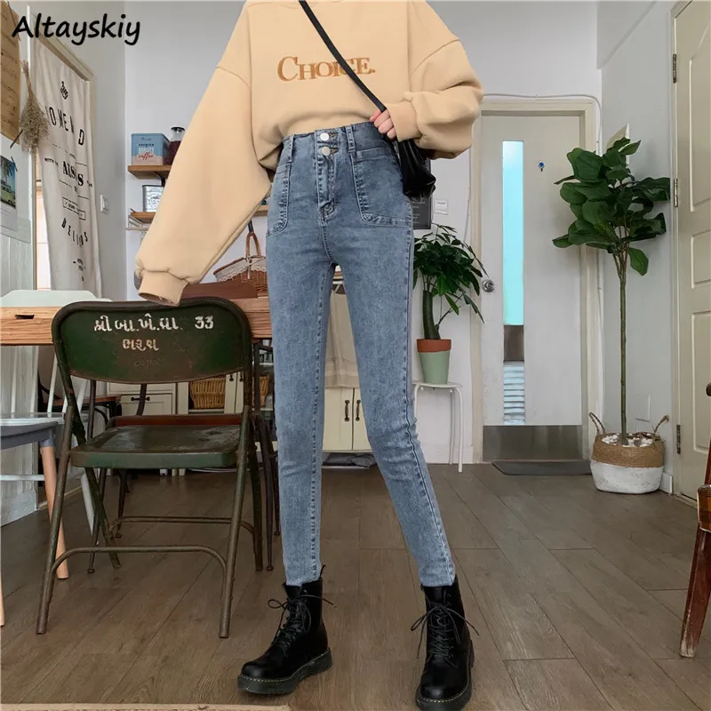 Джинсы женские с завышенной талией уличная одежда в Корейском стиле однотонные