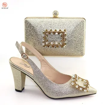 

2020 New Fashion Italian Shoes and Bag Sets Gold Color Women's Shoes with Appliques for African Nigerian Women Wedding Shoe