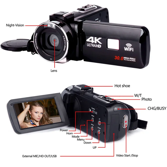 4K WiFi Ультра HD 1080P Цифровая видеокамера DV с объективом+ микрофон LHB99