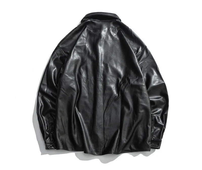 Men Fashion Leather Shirts Loose Oversized Leather Outwear Coats For Couples Black  (7)