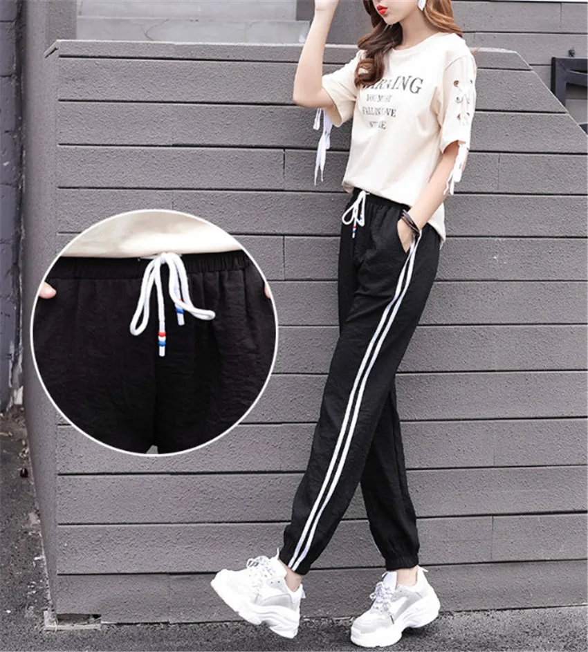 

Womens Harem Pants Plus Size High Waist Pants with Pockets female jogger Stripe ouc598a