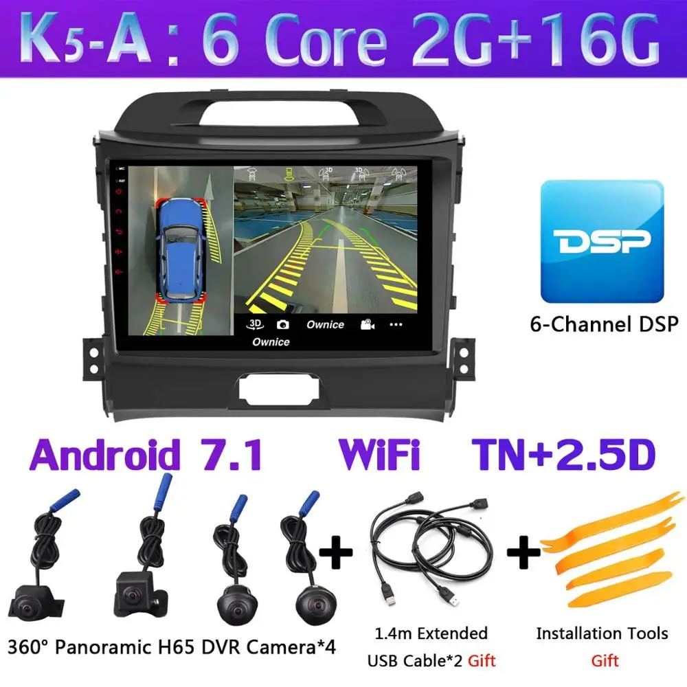 360 ° камера 4G LTE 8 ядерный Android 9,0 4G+ 64G SPDIF DSP CarPlay Автомобильный мультимедийный плеер для Kia Sportage R 3 4 2010- gps радио - Цвет: K5-A